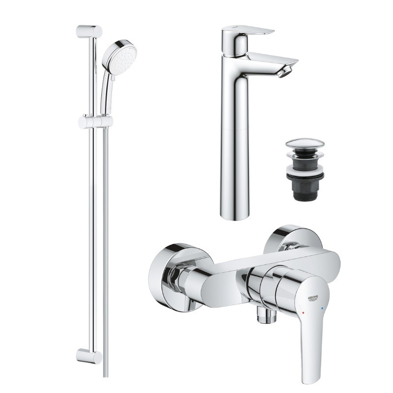 Grohe START set 3v1, umývadlová batéria s výpustou Push-Open, vaňová batéria so sprchovým setom 90 cm chróm, 24208002SET